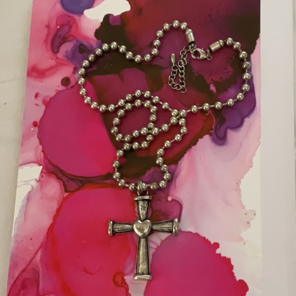 Silver Cross Pendant Necklace with Heart Accent
